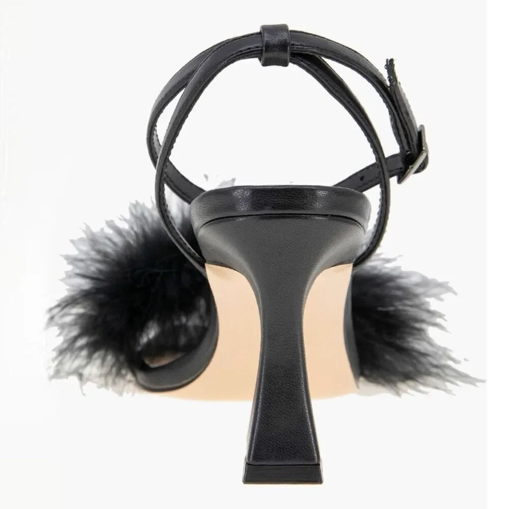 NWT and box BCBG “Relby” faux feather  sandals in black Size 6